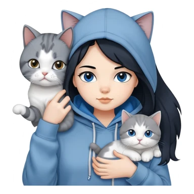Girl with black hair in gray hoodie with a British shorthair blue and white cat and a long-haired blue and white cat sticker