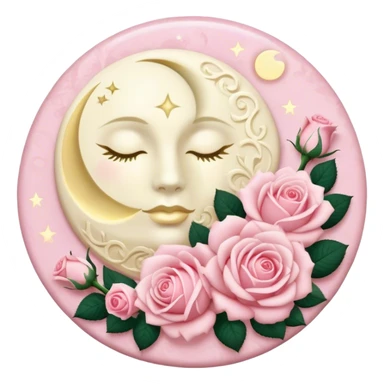 A round cream button with a full damask style moon and light pink roses in the center sticker