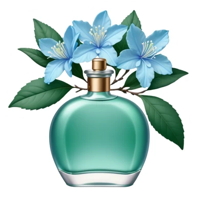 Aesthetic ensemble of soft blue azaleas alongside a charming vintage green perfume bottle.
 sticker