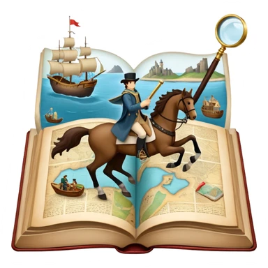 Collage for Reading Fiction: large open book with pages turning into with musketeers on horseback, Sherlock Holmes with a magnifying glass standing nearby, treasure island map. The icon should evoke the adventure and romance of exploring fictional worlds. Transparent background sticker