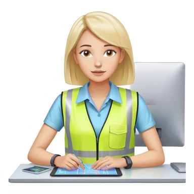Gender: Female Hair: Practical bob with wireless logistics earpiece Face: Stress pimple on chin Clothes: High-vis vest over ERP system print blouse Action: Dragging holographic shipment nodes on touch table sticker