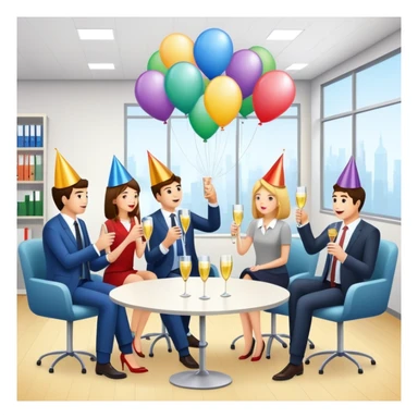 office party with coworkers celebrating, holding drinks and snacks, decorations and balloons in the background sticker