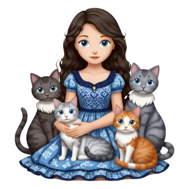 detailed realistic looking a dark grey and white cat regally sitting with six other cats, cuddling with their owner who is a pretty bratz lightly tanned white girl with long dark brown hair, blue eyes and gorgeous long wavy hair wearing a pretty detailed dress sticker