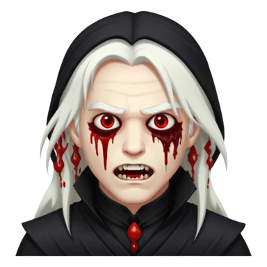 Creat a young man Vampire that have long white hair and white skin and full black eyes and bloody mouth and full black outfit and long fangs and scary dead cold eyes sticker