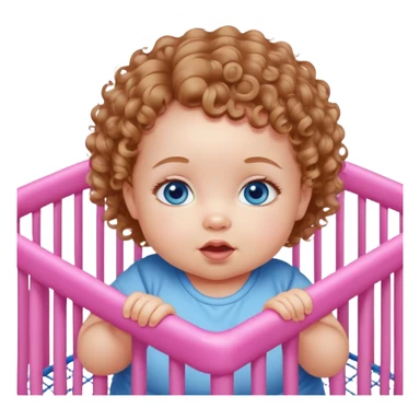 Deep Blue-eyed baby girl with short light brown curly hair, chubby pink cheeks, in playpen  sticker