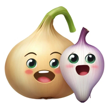  emoji of a cute garlic clove and a smiling onion looking at each other with love. They have big, adorable eyes and rosy cheeks. Small red hearts float around them, and they appear to be blushing, creating a romantic and funny atmosphere. sticker