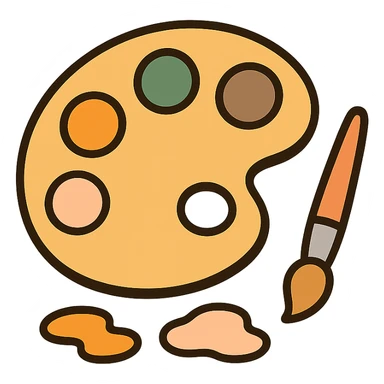 A cute and charming artist’s paint palette with dabs of paint in a warm, cozy color scheme: golden orange (FA9B41), deep forest green (4A7C5C), muted taupe brown (96775A), and pastel peach (FFCC9A). The wooden palette has a soft, rounded shape with a smooth finish, and the paint blobs are arranged neatly like little candy drops. Some splashes of color are playfully smeared nearby, and a tiny paintbrush rests beside the palette. The overall mood is light, artistic, and whimsical, with soft lighting and a gentle, creative atmosphere — perfect for a dreamy, storybook-style illustration. sticker