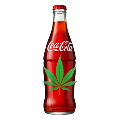 Curved Coca-Cola style glass bottle in red with a green cannabis leaf printed on it and labeled "red pop" sticker