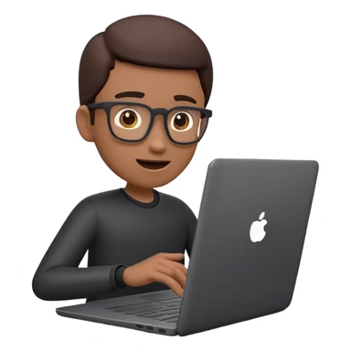 A dark-colored laptop with the screen open. From the screen, a person is emerging, giving a lecture or teaching. The person should look expressive and in a teaching pose. Soft shadows, semi-3D emoji style, clean background. sticker