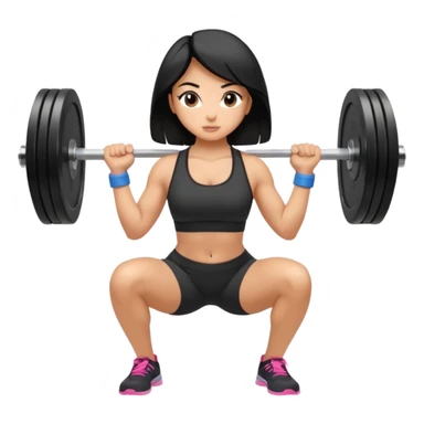 Fitness girl doing the squat with bar and weight, black hair sticker