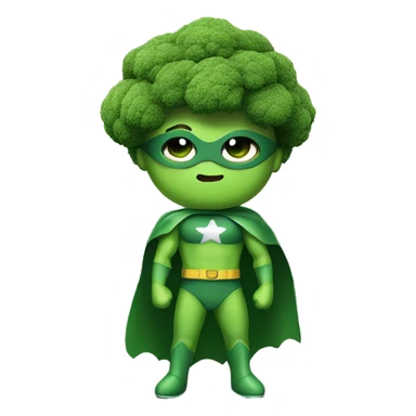 kawaii cute funny mini superhero with green clothes and a broccolis as hair,  full body saying hello sticker