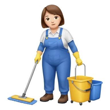 old and fat women, brown hair, Custodian with yellow rubber gloves, white T-shirt, blue overalls, mopping floor sticker