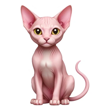 cinematic-[sphynx cat]-realistic-full-body-sitting-emoji,-tail-curled-playfully-around-its-paws,-head-tilted-dramatically,-sleek-[pink]-skin,-simplified-yet-realistic-focused-features,-highly-detailed,-glowing-with-an-almost-sarcastic-glow sticker