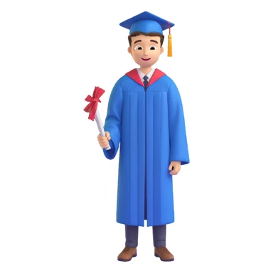 memoji-style illustration of a happy 16-year-old young man celebrating graduation, wearing a cap and gown, smiling sticker