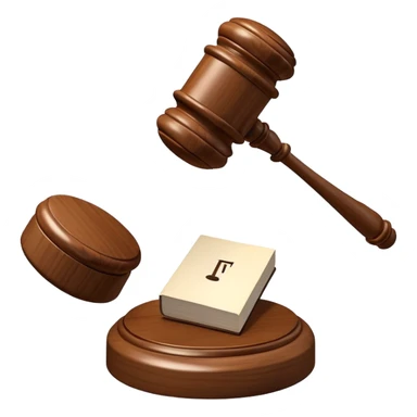 An emoji representing justice and penalty. A wooden judge's gavel striking a sound block, symbolizing a legal decision or punishment. The design is simple, 3D, and slightly glossy, resembling official court decisions sticker