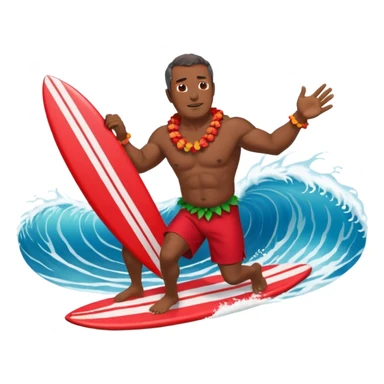 Dark Muscular 50 year old Hawaiian man with red shorts and a shell lei surfing a big wave sticker