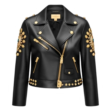 Dolce and gabanna brand Cropped leather jacket for women with 10k gold and metallic edgy style embellishments. 8k, 5000x5000px, 3D rendering, realistic, isolated  sticker