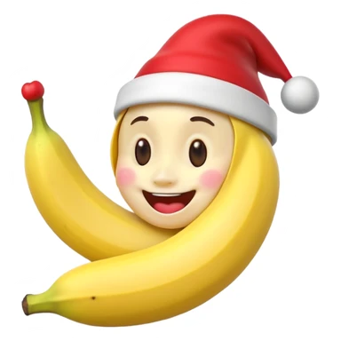 A 3D cartoon peeled banana with a red nose and tiny hat, smiling face, playful pose, Memoji-style. sticker