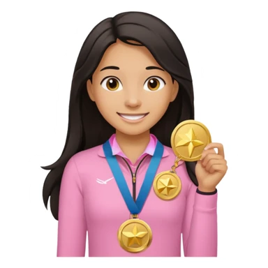 black haired girl wearing pastel pink with one medal, remove any hats, make her smile, make her hair longer, make her tan sticker