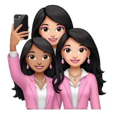 Just 3 besties with professional glammed up looks wearing pink and white, medium skin tone smiling big with black long hair. Very girly wearing jewelry, taking a selfie  sticker