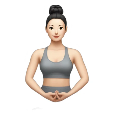 Pale skinned fit woman In a gray tight yoga suit and wristbands With black hair in a bun sits in the lotus position sticker
