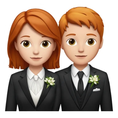 lesbian couple getting married. one ginger one brunette. ginger in a suit brunette in a dress sticker