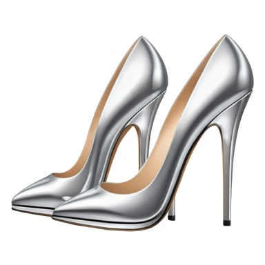 A pair of high heel shoes emoji made of polished silver chrome, elegant sharp silhouette, smooth metallic surface, glossy reflections, luxury sexy vibe, minimalistic iOS emoji style, centered, clean white background sticker