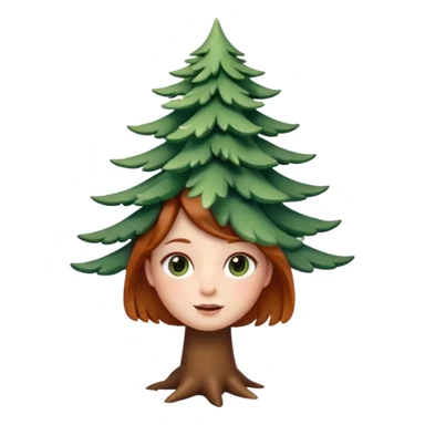 Style memoji iphone. Un petit sapin vert sylvestre, féminin, regard malicieux, tâches de rousseurs délicates, joues roses. Yeux de biche brillants en forme amande, yeux couleur ambre, tronc couleur acajou. Sapin en mouvement, incurvé pour un effet vivant. sticker