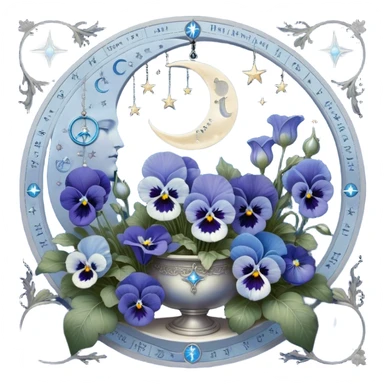 A dreamlike composition where deep and light blue pansies bloom in harmony, forming a celestial garden bathed in moonlight. A silver crescent moon dominates the sky, adorned with astrological sigils that softly pulse with energy. Suspended in the background are glowing planetary alignments, connected by delicate silver threads forming an intricate star chart. A round, pearl-colored candle, resting on an open book of cosmic wisdom, flickers with an otherworldly flame, casting symbols of the zodiac in its soft glow. Wisps of blue mist swirl around, revealing glimpses of lunar eclipses and distant galaxies, creating a scene filled with mysticism and cosmic wonder. sticker