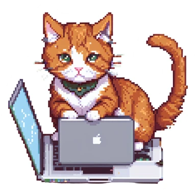 redhead cat working hard on a MacBook, energetic, focused, cute, pixel art style sticker