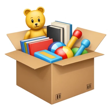 cardboard box with toys, rc, books, CD, realistic sticker