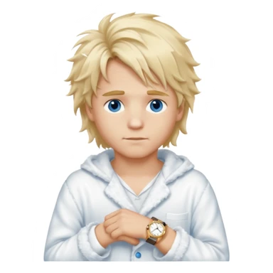 Create a look for a blond boy with long, tousled hair, light eyes, a white sweater, a wealthy appearance, blue eyes, and accessories like a Rolex or Cartier watch, and a cute face with messy hair down. blue eyes + + pajama white fluffy sticker