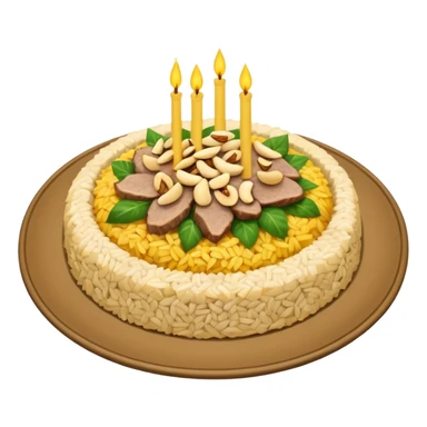 "Emoji of a Jordanian Mansaf dish — round platter with golden rice, lamb pieces, nuts on top, simple cute cartoon style, clean lines, white or transparent background." sticker