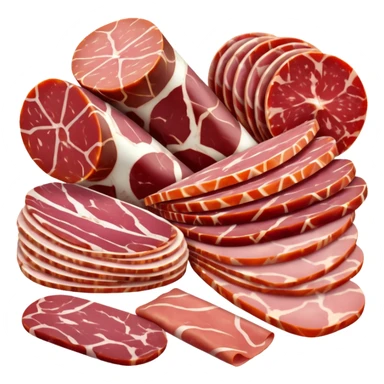 assorted cured meats, small arrangement of thinly sliced salami, prosciutto, and ham, slices vary in shape, marbling, and color from deep red to pale pink with white fat streaks, natural folds and curls, clean 3D look, soft lighting, no plate or garnish, no faces sticker