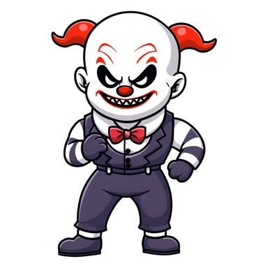 full-body muscular demonic clown in black and white leisure suit with bellbottom pants, bald, black ram horns, flashy black and white belt, ruffled white shirt, no neck tie, large fangs, cartoon sticker style sticker