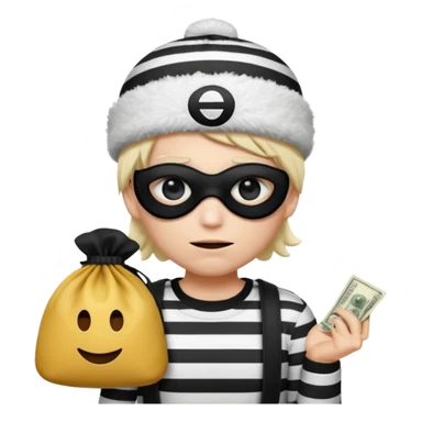 a short ios emoji-style portrait of a classic burglar, a black eye mask and a black-and-white striped shirt. emoji-like hair, black winter-like hat, a bag of money 💰 with a dollar sign in a right corner, evil expression WITHOUT a hand  sticker