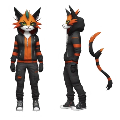 Cool Anthro Noivern-Litten-Caracal-Pokémon with edgy stripes hoodie spiked collar punk techwear Cargo Pants Full Body sticker