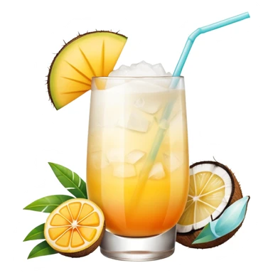 A beautiful cocktail with a creamy white to orange gradient, containing coconut juice and mango, reminiscent of summer. Above, there are tropical flowers, lemon slices, and a straws. sticker