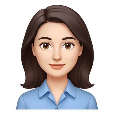 Professional woman in her 30s with light complexion, oval face, gentle features, large dark brown eyes, well-formed medium eyebrows, small nose, warm friendly smile, long slightly wavy dark brown hair with soft volume, wearing a light blue dress shirt sticker