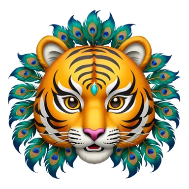 Create an animation emoji of the Ponorogo Reyog from East Java, namely the tiger mask with the peacock dance, which is a typical Ponorogo dance. Above and behind the tiger's head is a peacock's head spreading its tail.  sticker