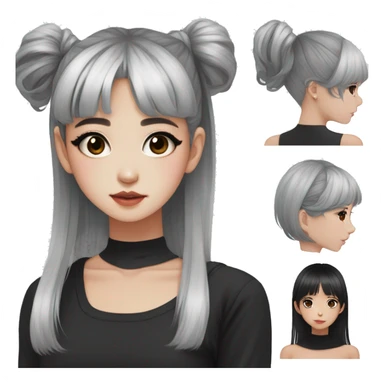 Korean girl, black tank top, black hair, black eyes, layered hair, cool girl, aesthetic, long hair, hime cut, blunt bangs, small silver hoop earrings sticker