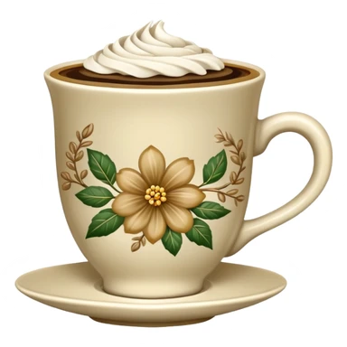 Cinematic Realistic sophisticated cup filled with khaki coffee with flower ornament sticker