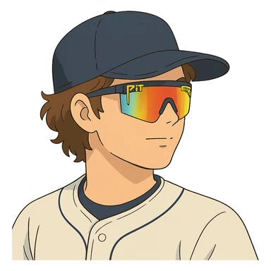 ghibli style illustration of a baseball player with brown hair, no beard, baseball cap, and Pit Viper sunglasses sticker
