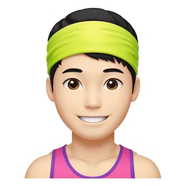 Korean 27-year-old male health coach / Wearing fluorescent colors / White face / Hairband / Smiling expression / Short black hair / Muscular body sticker