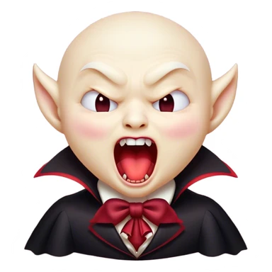 Cinematic Cute Yawning Vampire Portrait Emoji, with a small, rounded, charming pale face accented with tiny playful fangs and droopy, half-closed eyes, head tilted in an adorable wide yawn, dressed in miniature elegant dark attire with a hint of crimson, simplified yet irresistibly endearing, highly detailed with a soft, mysterious glow and gentle outline that captures the cute, drowsy side of an immortal! sticker