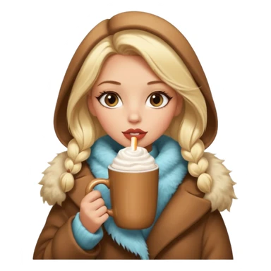 Tanned Girl with lashes , blonde hair, in an extremely big fluffy oversized coat and hold hot chocolate drink and big cat eyes, big lip sticker