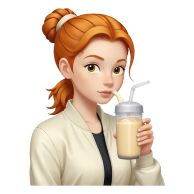 Ginger girl with cream jacket drinking pre workout shake middle part slick back bun sticker