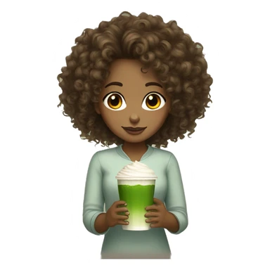 Brown girl curly hair brown eyes, white skin with glass of matcha sticker