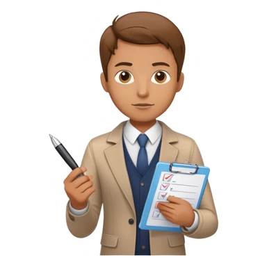 a person holding a checklist and pen, wearing smart casual clothing. The character is in a focused pose sticker