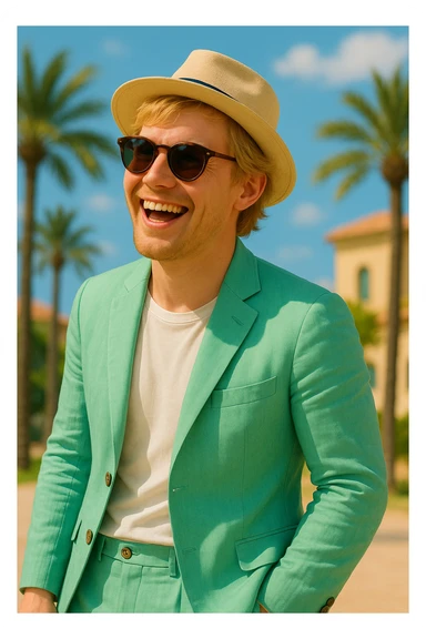 Make the man more animated and Scandinavian with lively expression and Scandinavian features. Keep the mint green linen suit, sunglasses, and straw hat. sticker